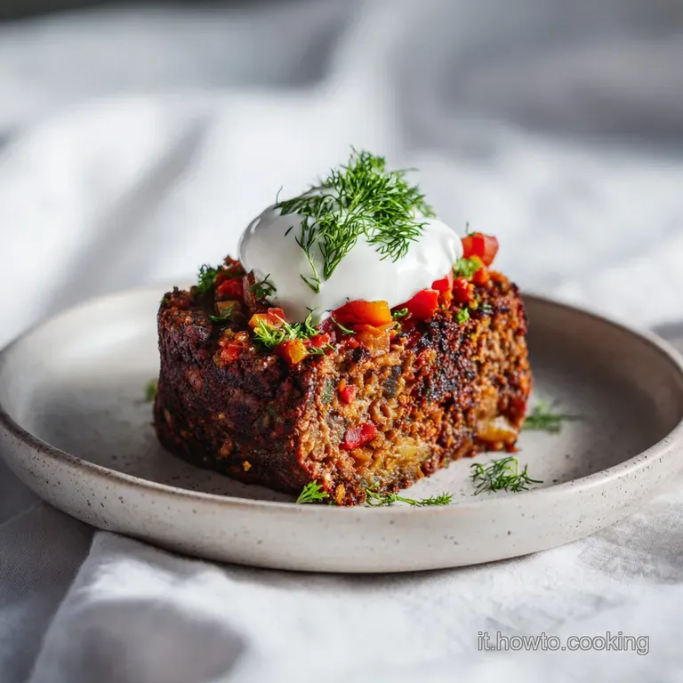 A slice of savory lentil loaf on a rustic plate, garnished with fresh herbs and a drizzle.
