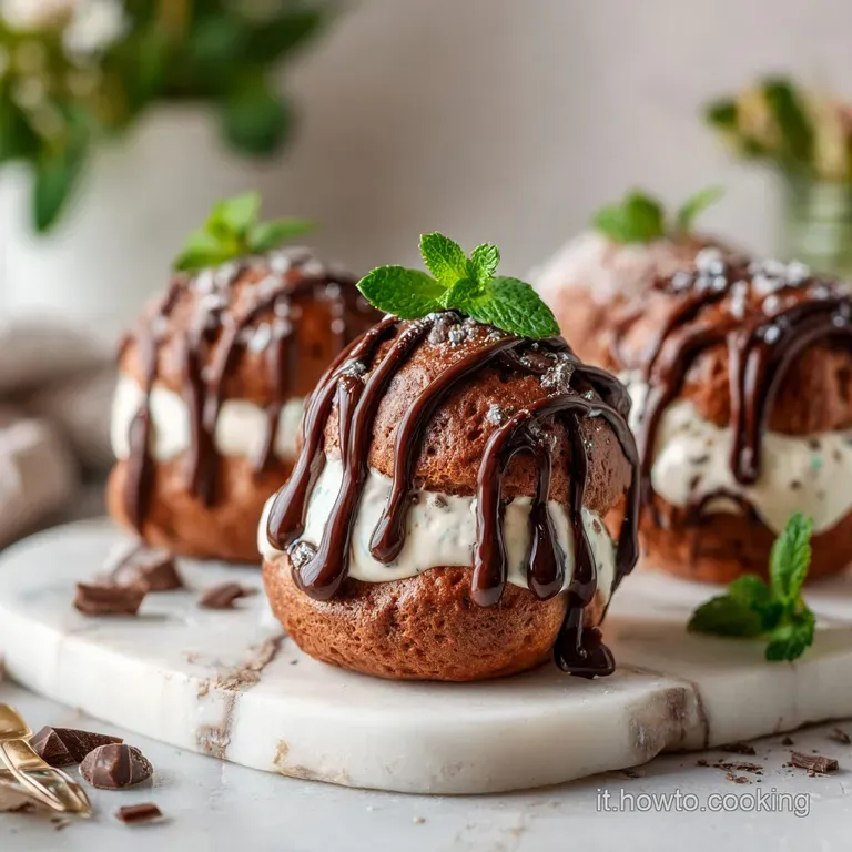 Elegant plate featuring a tower of cream-filled profiteroles, glistening with chocolate, alongside a delicate chocolate cu...