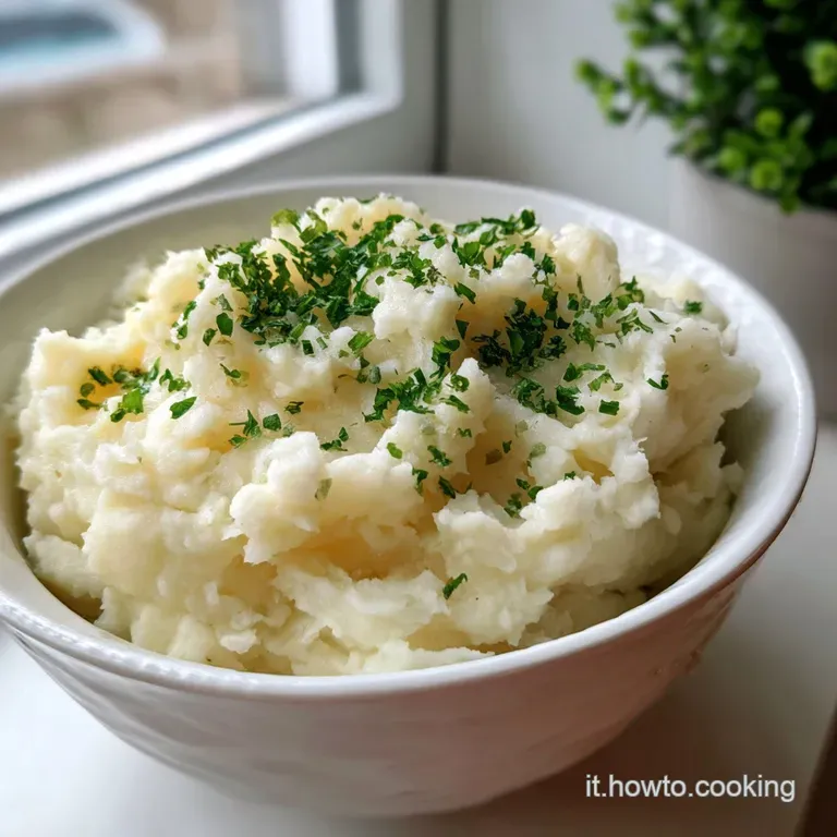 Elegant swirl of buttery mashed potatoes, garnished with fresh herbs and a drizzle of olive oil on a bright white plate. S...