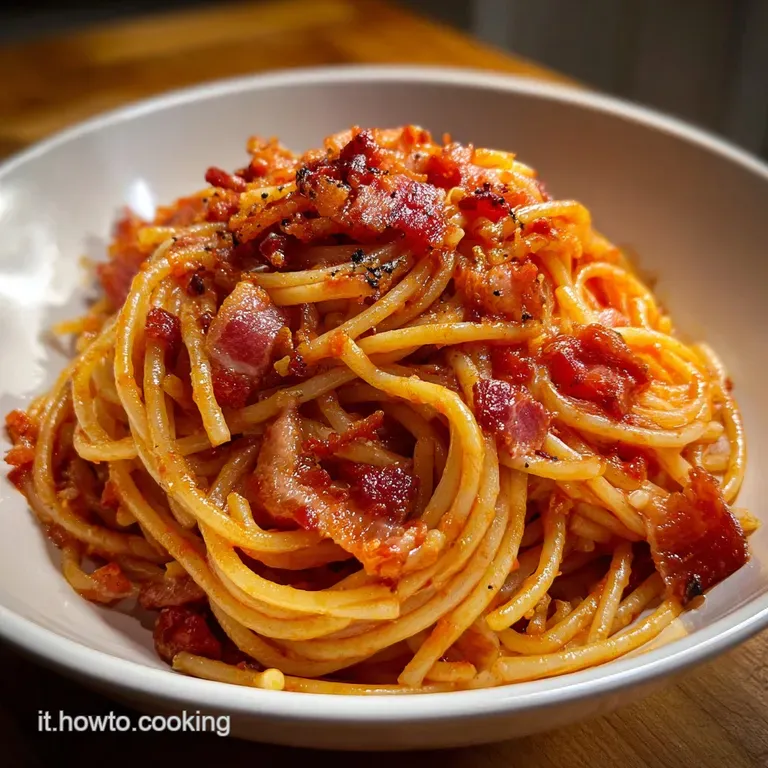 Amatriciana twirled on a white plate, showcasing rich tomato sauce, golden bits of guanciale, and a generous sprinkle of c...