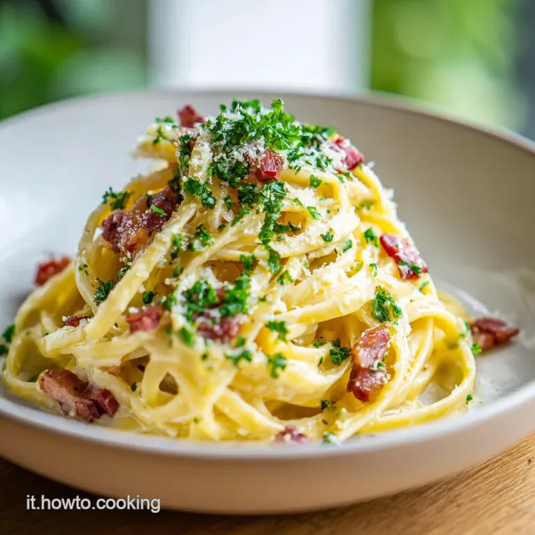 Elegant plate of twirled carbonara, rich yellow sauce clinging to the pasta, topped with cracked pepper and parsley sprigs.