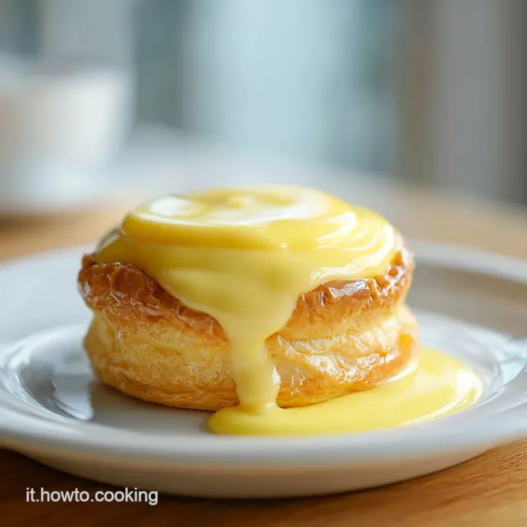 Elegant swirl of golden custard in a glass dish, topped with delicate berries and a dusting of powdered sugar, creating a ...