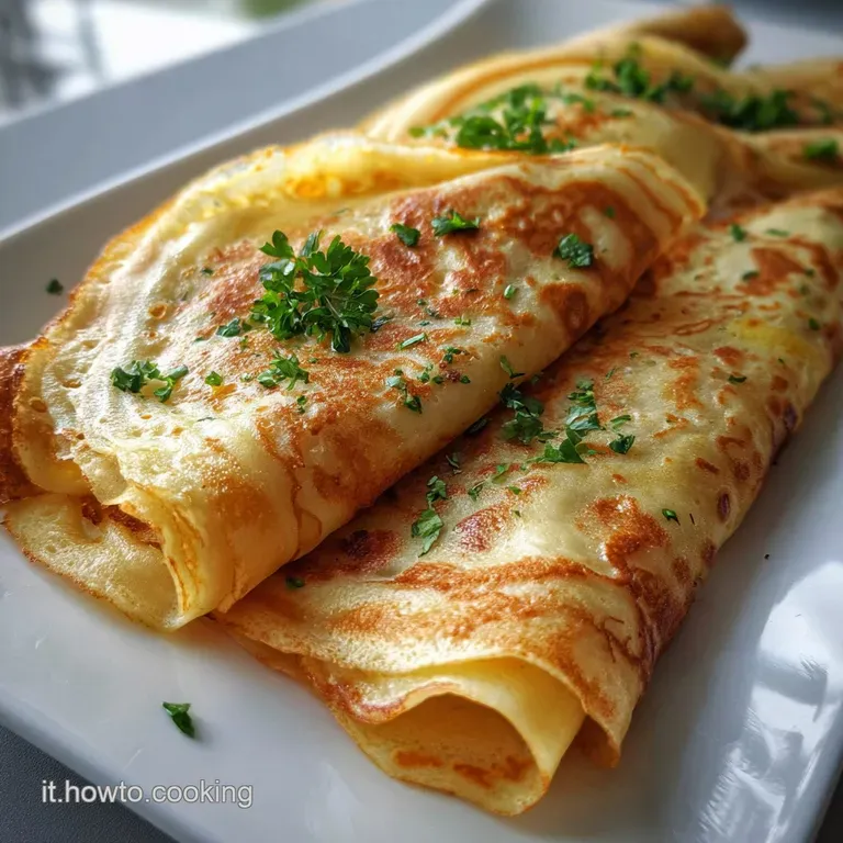 Savory crepe elegantly rolled, showcasing a vibrant, colorful filling. Garnished with fresh herbs for visual appeal.