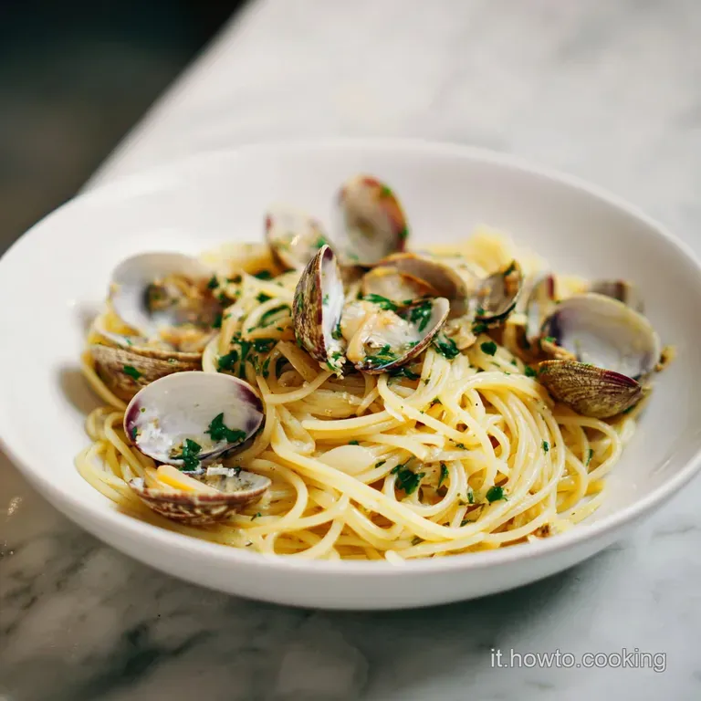 Elegant plate of spaghetti alle vongole. Steaming noodles coated in a light, flavorful sauce with clams and a sprinkle of ...