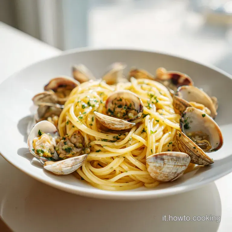 A porcelain bowl showcasing al dente spaghetti intertwined with plump, open-shelled clams, topped with vibrant green parsley.