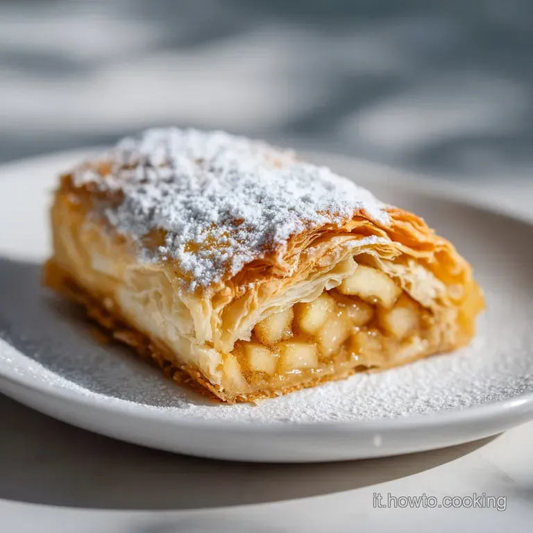 Slice of warm apple strudel with golden crust, presented beautifully with a scoop of vanilla ice cream melting on top.