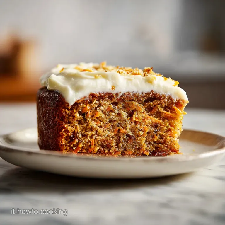 Slice of tender carrot cake on a white plate, cream cheese frosting swirled high, dusted with cinnamon. Fork resting besid...