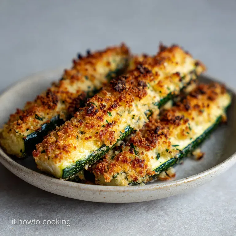 Crisp, oven-baked zucchini coins artfully stacked on a white plate, garnished with fresh herbs.