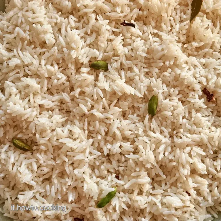 Porzione di riso basmati candido e soffice, disposto con cura in un piatto moderno con un leggero tocco di colore verde.