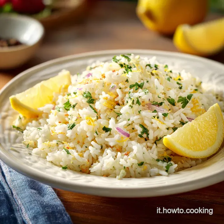 A neat mound of pale yellow rice, garnished with a fresh lemon slice and delicate parsley sprigs.