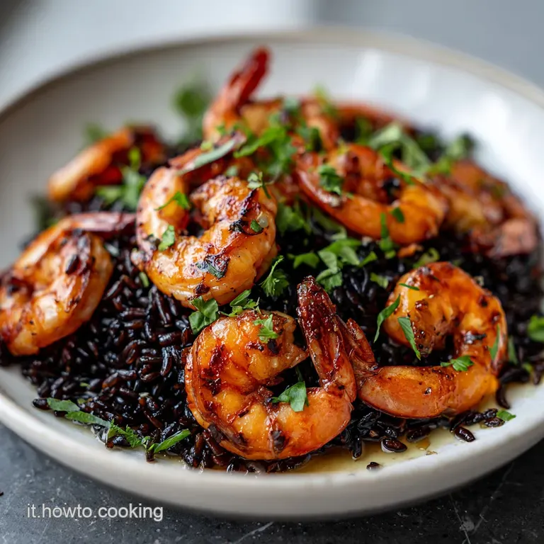 Elegant plate of dark, nutty rice with succulent shrimp, herbs, and a swirl of sauce. Inviting, gourmet presentation.
