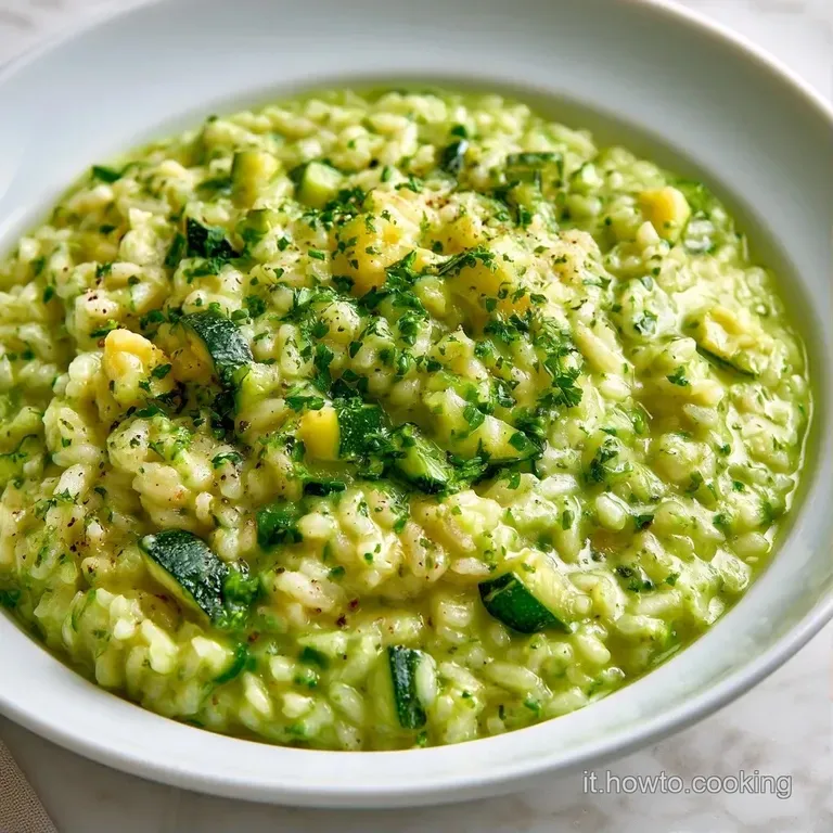 Porzione di riso vellutato verde pallido, decorata con zucchine a julienne croccanti e un filo d'olio extravergine.