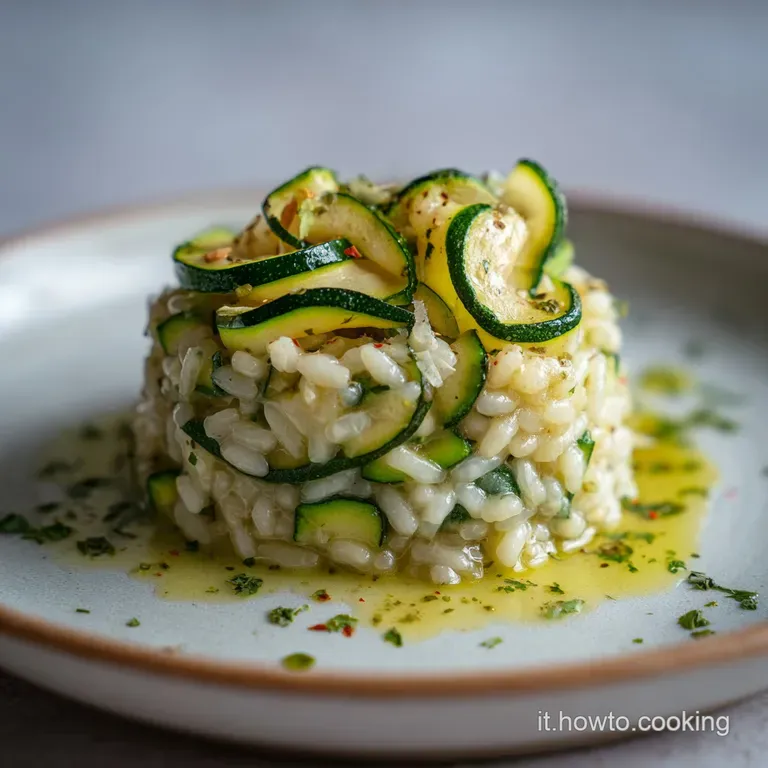 Elegant plate of vibrant green zucchini risotto. Garnished with fresh herbs and a drizzle of olive oil. Creamy and comfort...