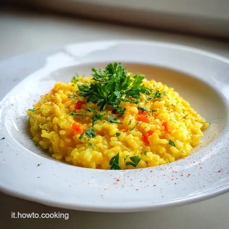 A vibrant yellow mound of risotto, elegantly plated, crowned with delicate microgreens and a parmesan crisp.