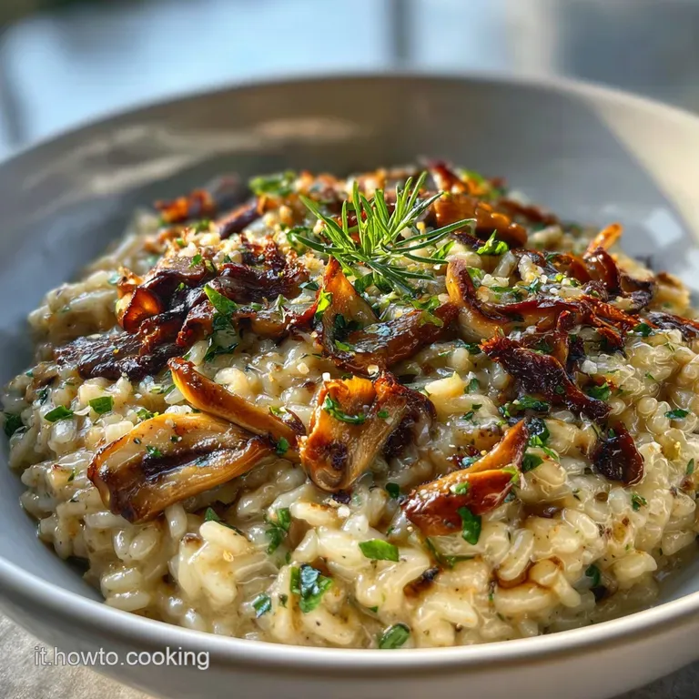 A swirl of golden risotto studded with mushrooms, elegantly plated and garnished with herbs; steam rises temptingly.