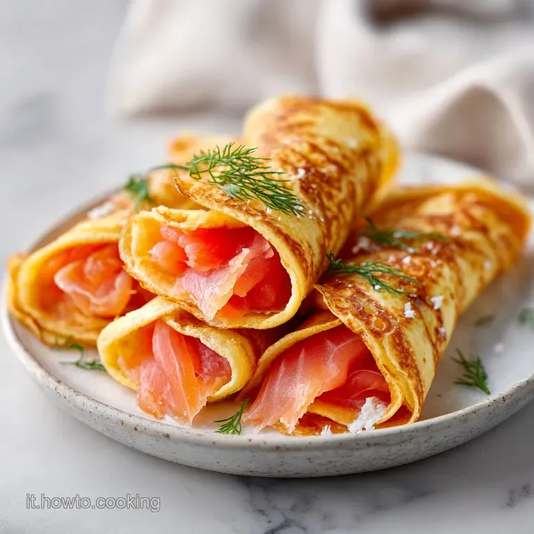 Rotolini di crespelle disposti con cura su piatto bianco, guarniti con aneto fresco e gocce di salsa densa e lucida.