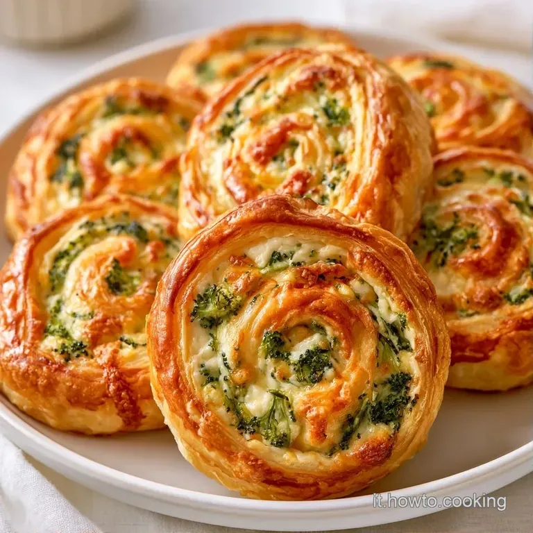 Fette di rotolo sfogliato disposte con cura su un piatto bianco, completate da un tocco di erbe aromatiche verdi.