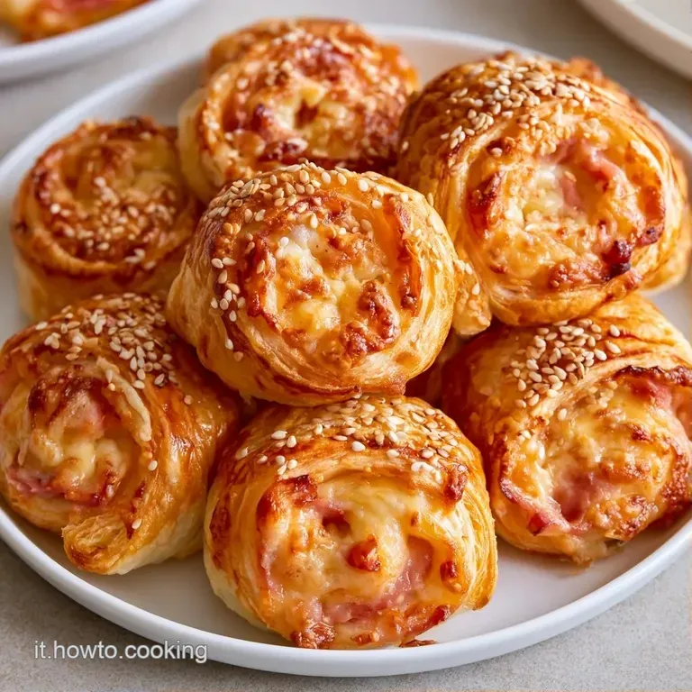 Fette di pasta sfoglia dorata e sfogliata disposte con cura su un piatto bianco, con leggere briciole croccanti intorno.