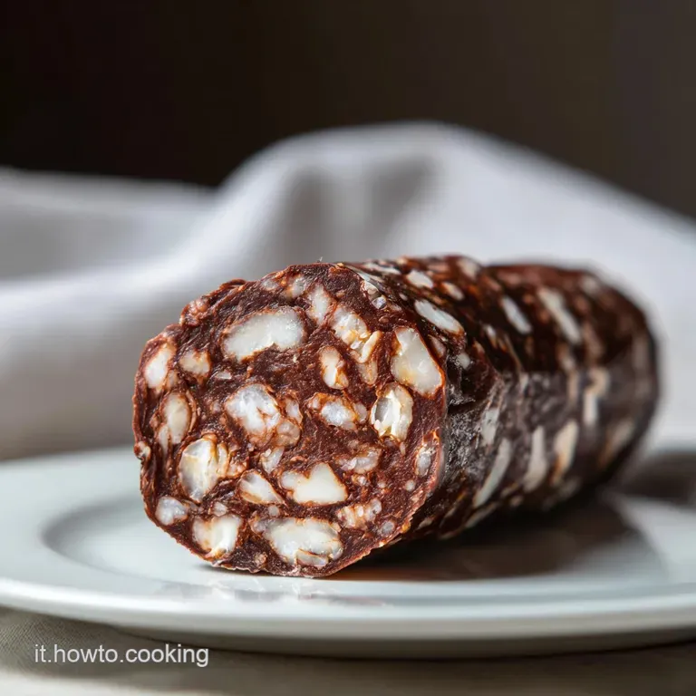 Thick slice of chocolate salami, revealing biscuit pieces, on a white plate with a scattering of cocoa powder for garnish.