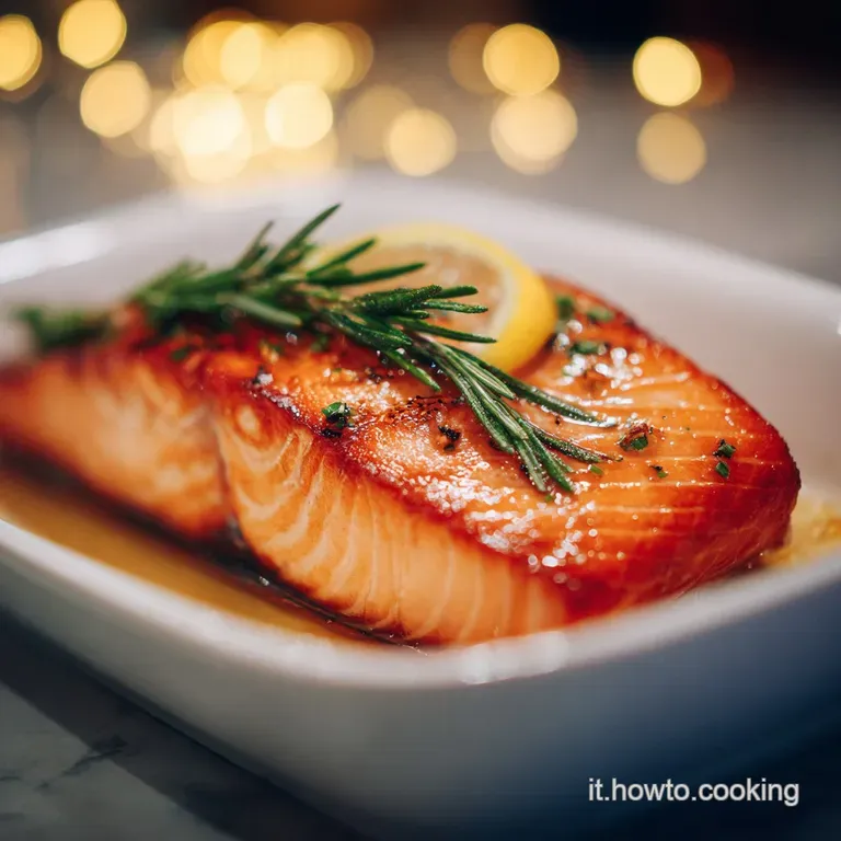 Elegant plate showcasing a tender salmon portion, glistening with herbs and a lemon wedge.