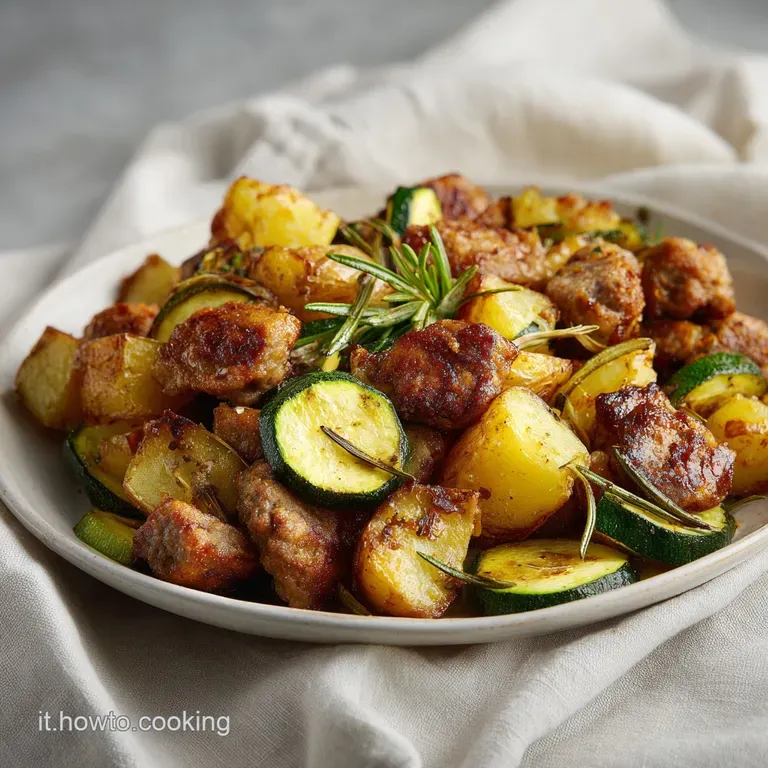Composizione ordinata di cubetti di patate croccanti e zucchine tenere, guarniti con salsiccia bruna e prezzemolo fresco.