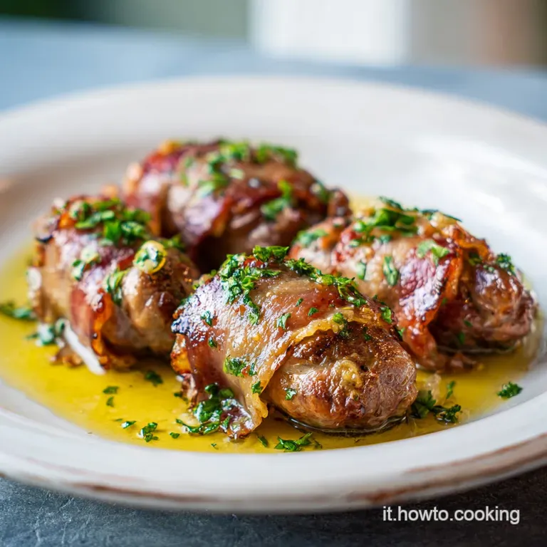 Elegant plate of saltimbocca: Juicy veal layered with salty prosciutto, fresh sage, drizzled with a light, savory butter s...