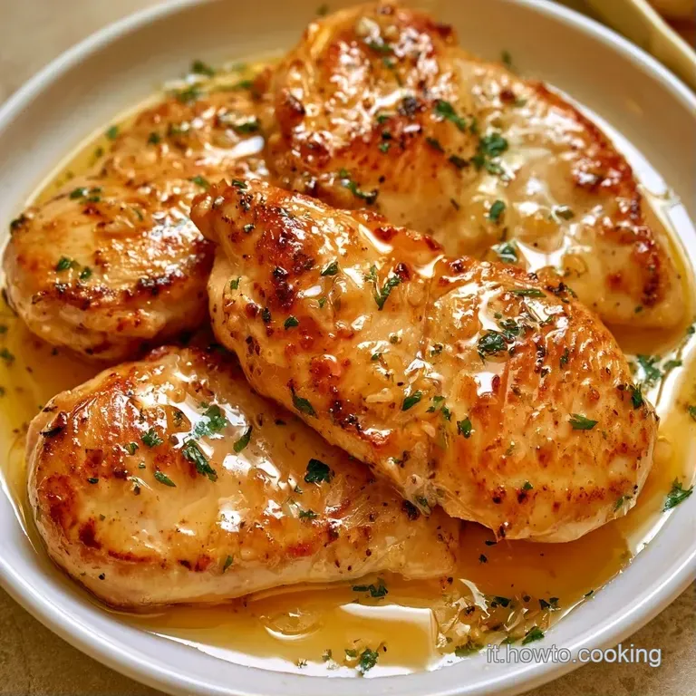 Pollo tenero disposto con cura su piatto bianco, decorato con fette di limone giallo brillante e salsa vellutata.