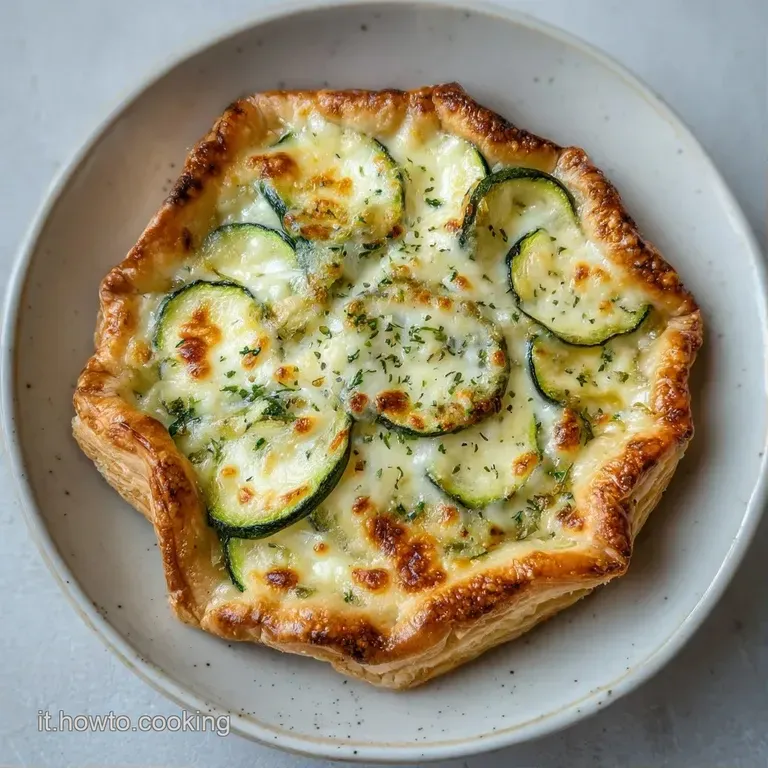 Porzione di tortino dorato su piatto bianco, guarnito con foglie verdi fresche e un filo d'olio lucido e brillante.