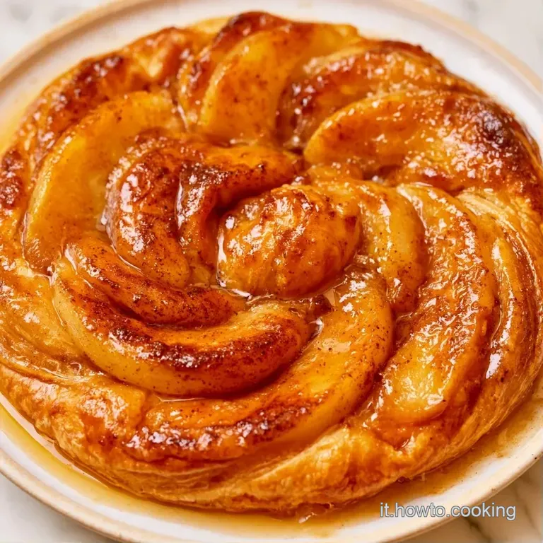 Piatto bianco con dolcetti di sfoglia dorata e mele caramellate, decorati con una spolverata di cannella bruna.
