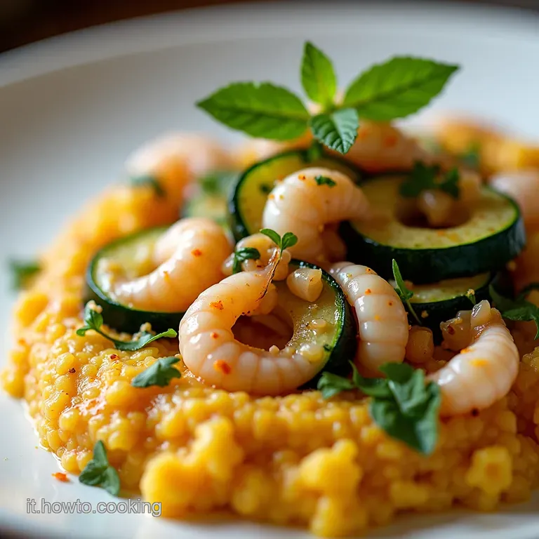 Sformatino Soffice di Zucchine su Vellutata di Piselli e Perle di Mare Mazzancolle