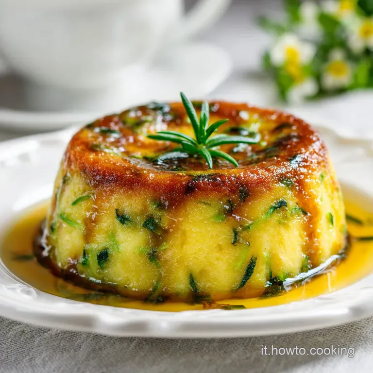 A slice of creamy zucchini sformato, oozing melted cheese, artfully plated with a sprig of fresh herbs.
