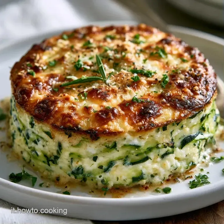 Sformato di zucchine dalla crosta ambrata adagiato su piatto bianco, decorato con foglie di basilico e gocce di olio.
