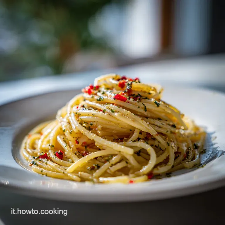 Perfectly twirled spaghetti aglio e olio on a white plate, sprinkled with fresh parsley and red pepper flakes. Glossy, app...