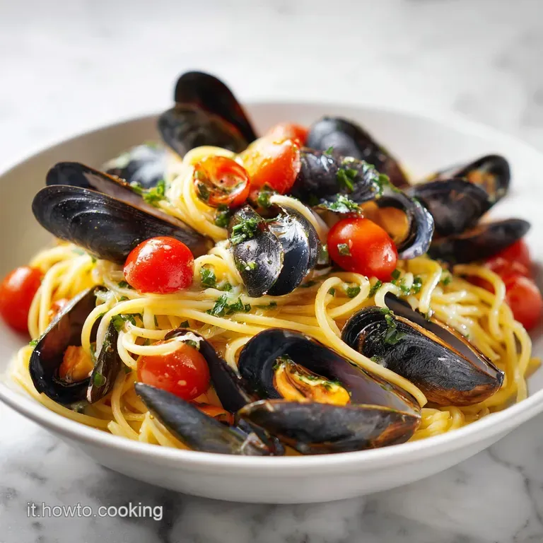 Spaghetti strands twirled artfully on a white plate, plump mussels nestled among bright red cherry tomatoes, fresh basil g...