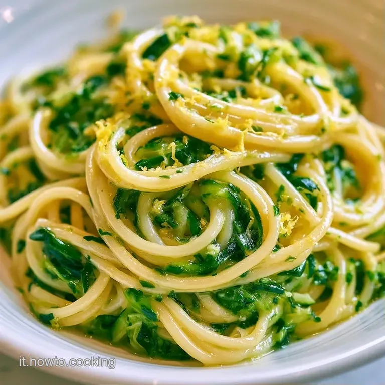 Pasta lucida disposta a nido con zucchine verde chiaro e sottili strisce di limone su un elegante piatto di ceramica.