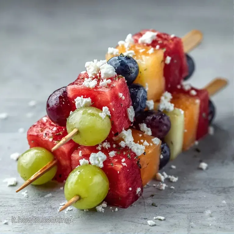 Spiedini di frutta fresca e formaggio disposti con cura, con colori vivaci e contrasti di texture su un vassoio bianco.