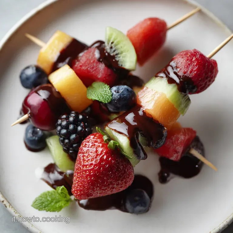 Four plated fruit skewers with glistening sauce, artfully arranged. Mint sprigs add a fresh, herbal note to the vibrant de...
