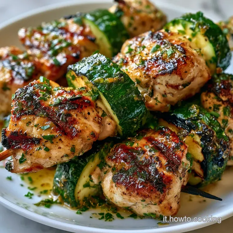 File di bocconcini grigliati alternati a zucchine tenere, guarniti con prezzemolo fresco e olio lucido a specchio.