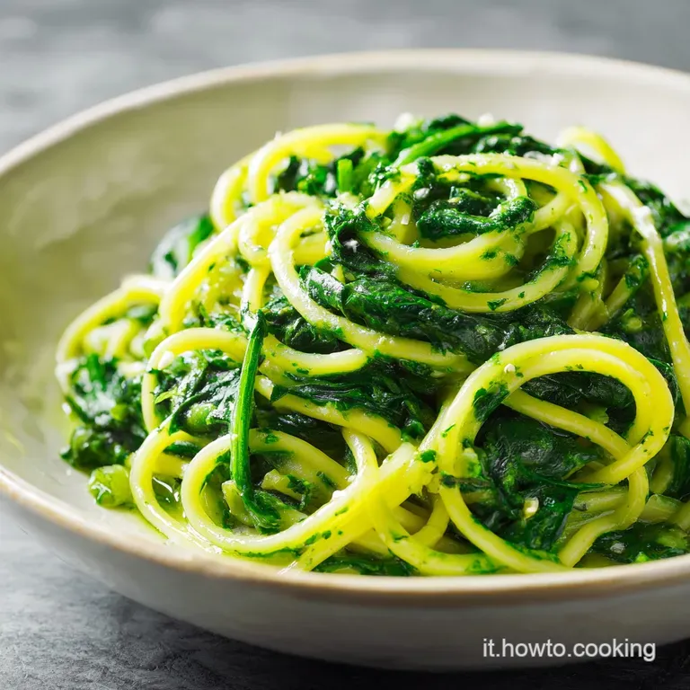 Elegant swirl of spinach pasta on a white plate, topped with toasted pine nuts and a dusting of Parmesan. Steam rises invi...