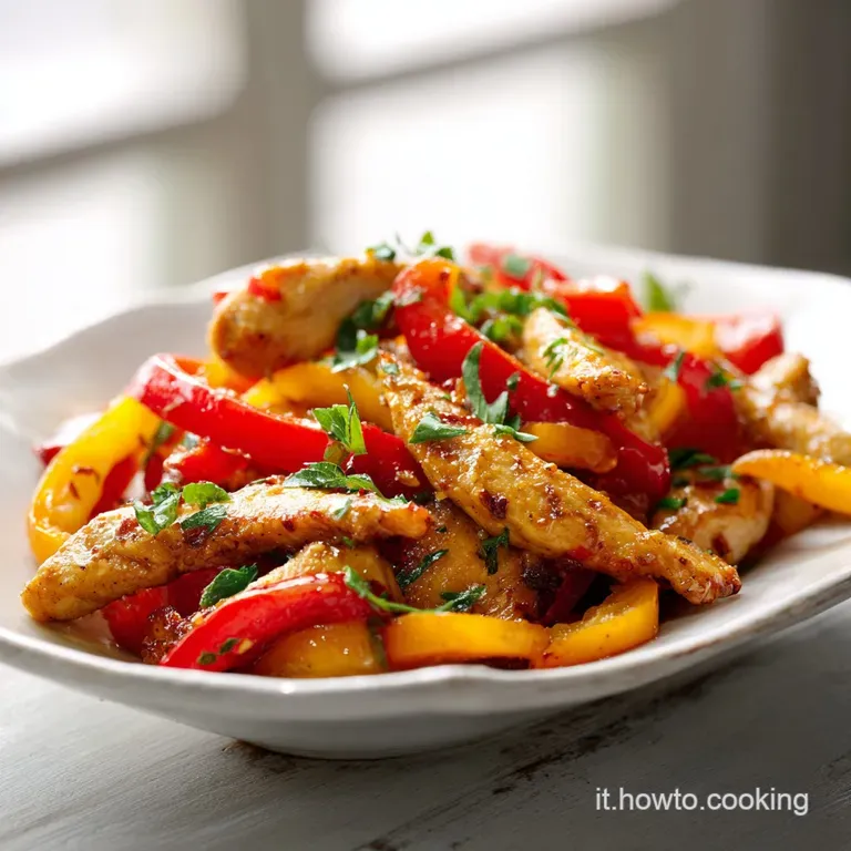 Composizione curata di pollo saltato e peperoni vivaci, con erbe aromatiche verdi su un piatto di porcellana lucida.