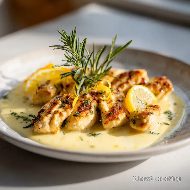A perfectly plated dish of pan-seared chicken straccetti with bright lemon and parsley, glistening invitingly.