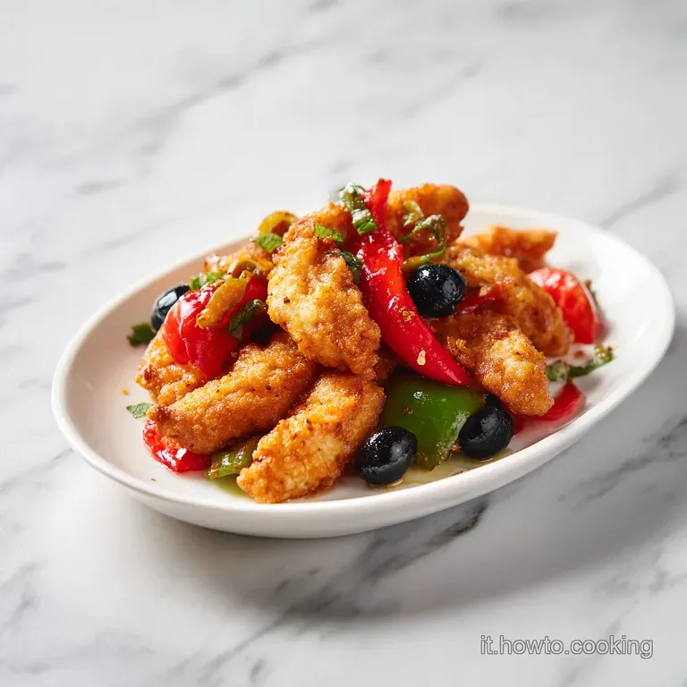 Artfully arranged chicken and pepper medley, glistening with sauce, on a rustic white plate.