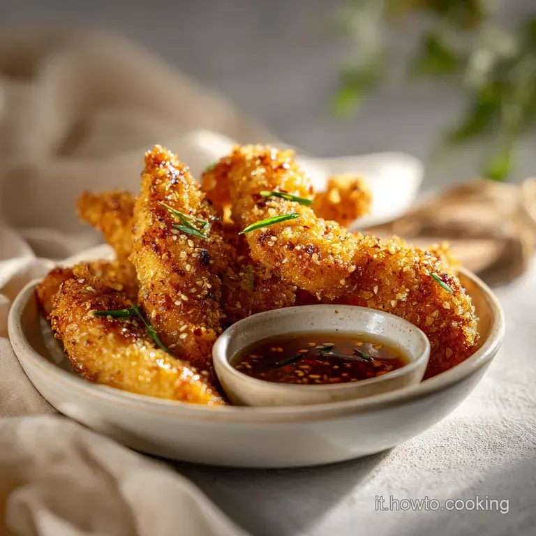 Elegant plate of tender chicken strips, brightened with fresh herbs, hinting at savory, juicy flavors, with a clean white ...
