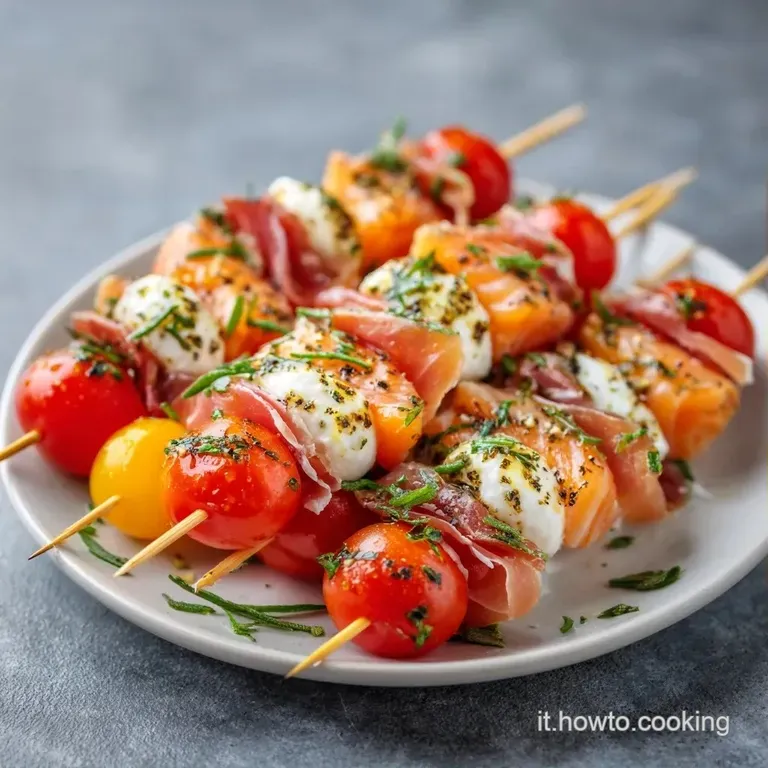 Piccoli antipasti freschi su un piatto ceramica bianco, decorati con gocce d'olio dorato e foglioline di menta.