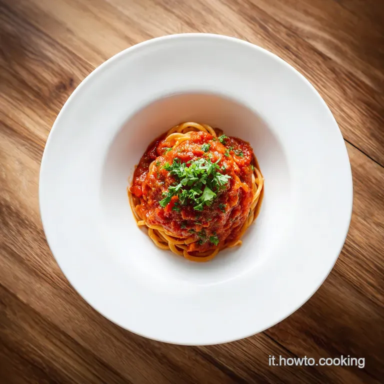 A swirl of vibrant yellow pasta coated in a glistening, deeply flavored meat sauce, garnished with a fresh basil leaf, ele...
