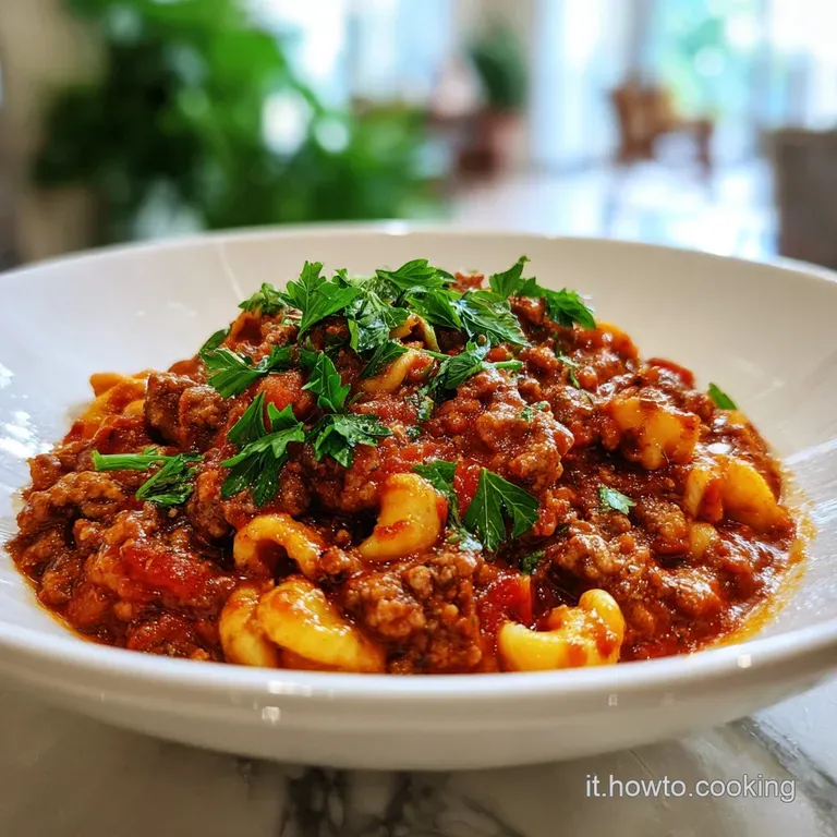 A swirl of al dente pasta coated in hearty sausage ragu, garnished with a sprig of basil and a dusting of grated Parmesan.