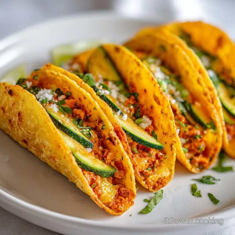 Plated zucchini tacos with charred edges. Fresh herbs and cheese add texture, promising a burst of fresh, savory flavors i...
