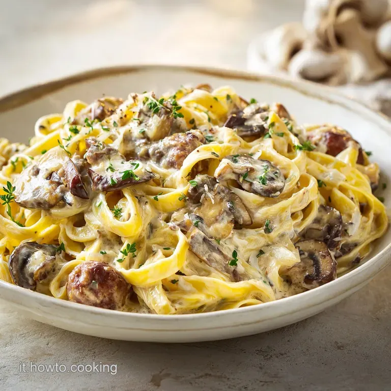 Elegant swirl of tagliatelle pasta with sausage and mushrooms, dusted with parmesan. A tempting single serving, ready to b...