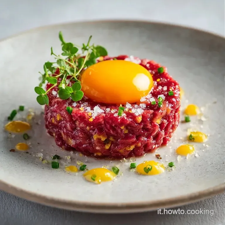Carne cruda rossa a forma di cilindro, guarnita con germogli verdi e piccoli capperi su ceramica grigio scuro.