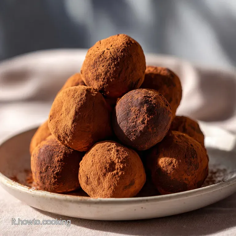 Three glossy, dark chocolate truffles arranged on a white plate, sprinkled with cocoa. Elegant, bite-sized, and deeply dec...